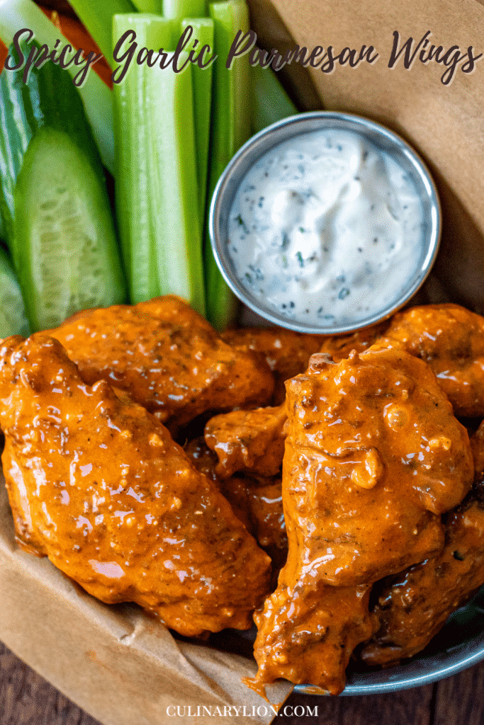 spicy Chesapeake garlic parmesan wings served with ranch celery and carrots