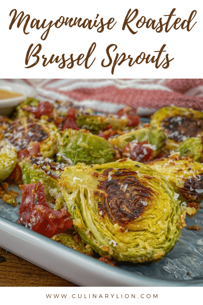 keto roasted brussel sprouts topped with Parmesan Cheese and crispy prosciutto