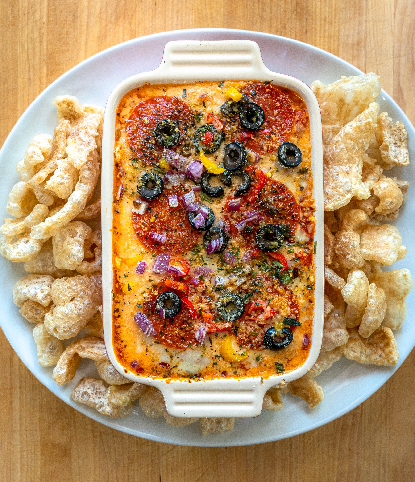low carb supreme pizza dip with toppings