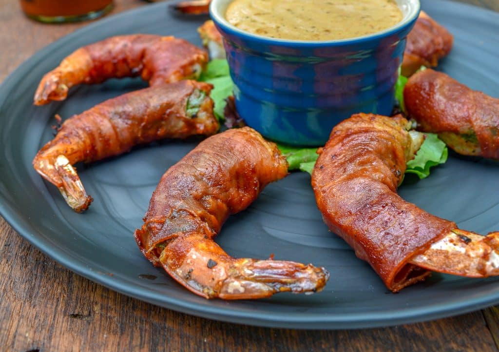 Grilled Prosciutto wrapped Shrimp served with Calabrian chili aioli