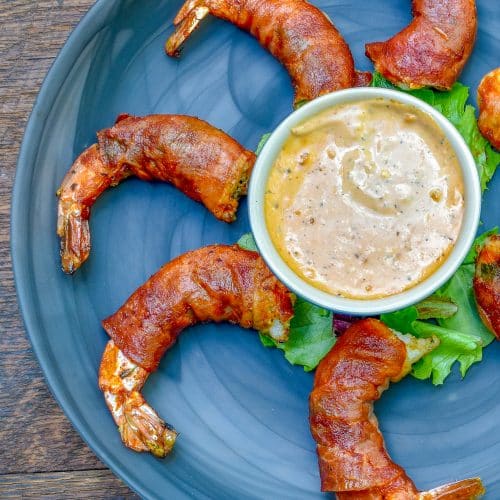 Grilled Prosciutto wrapped Shrimp served with Calabrian chili aioli