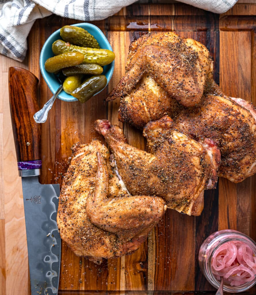 crispy skin smoked chicken cut in half