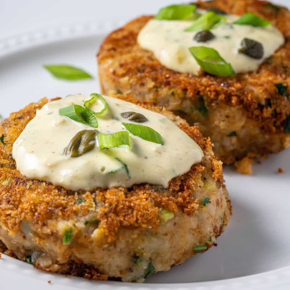 Remoulade keto dipping sauce on crab cakes