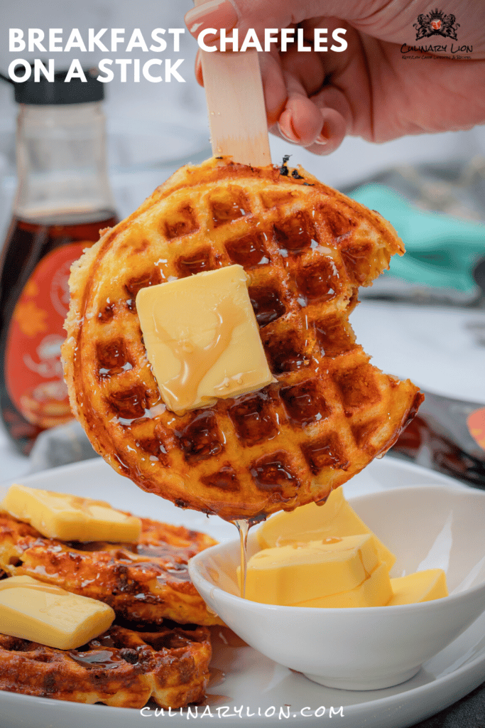 breakfast Chaffles on a stick with syrup and butter
