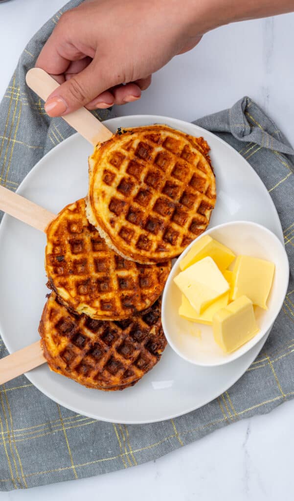low carb breakfast Chaffles sticks on a plate
