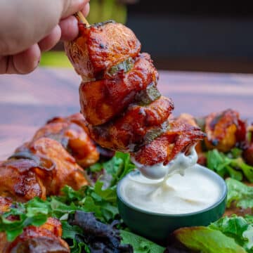 Keto BBQ Chicken Skewers with bacon and jalapeños