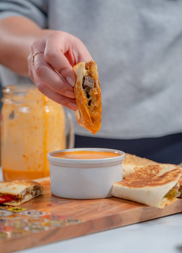 quesadilla served with chipotle honey dipping sauce
