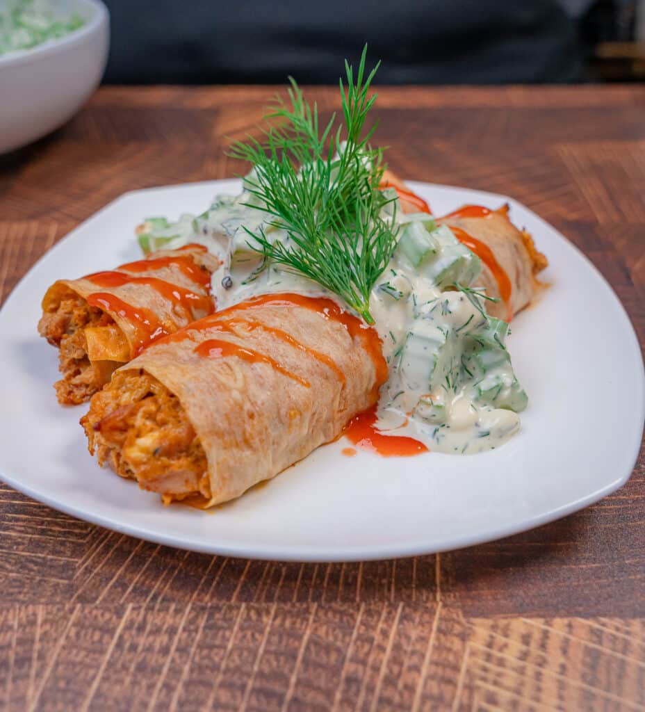 Buffalo chicken taquitos wrapped with cutdcarb flatbreads